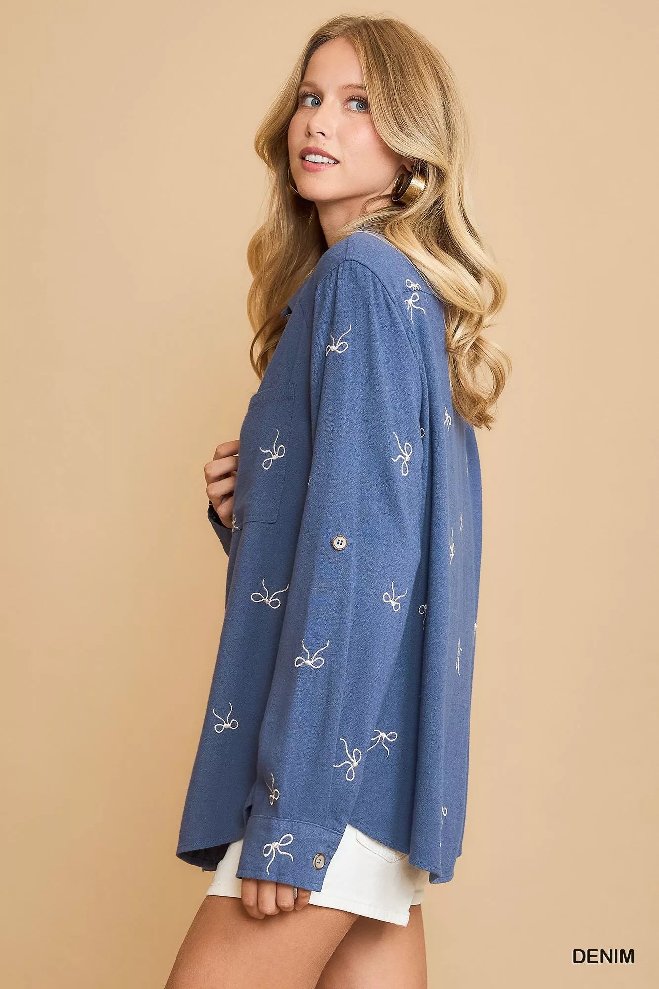 Umgee Linen Blend Fitted Shirt with Ribbon Embroidery Details | Shirts Daverri Fashions