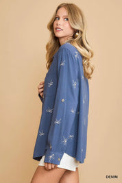 Umgee Linen Blend Fitted Shirt with Ribbon Embroidery Details | Shirts Daverri Fashions