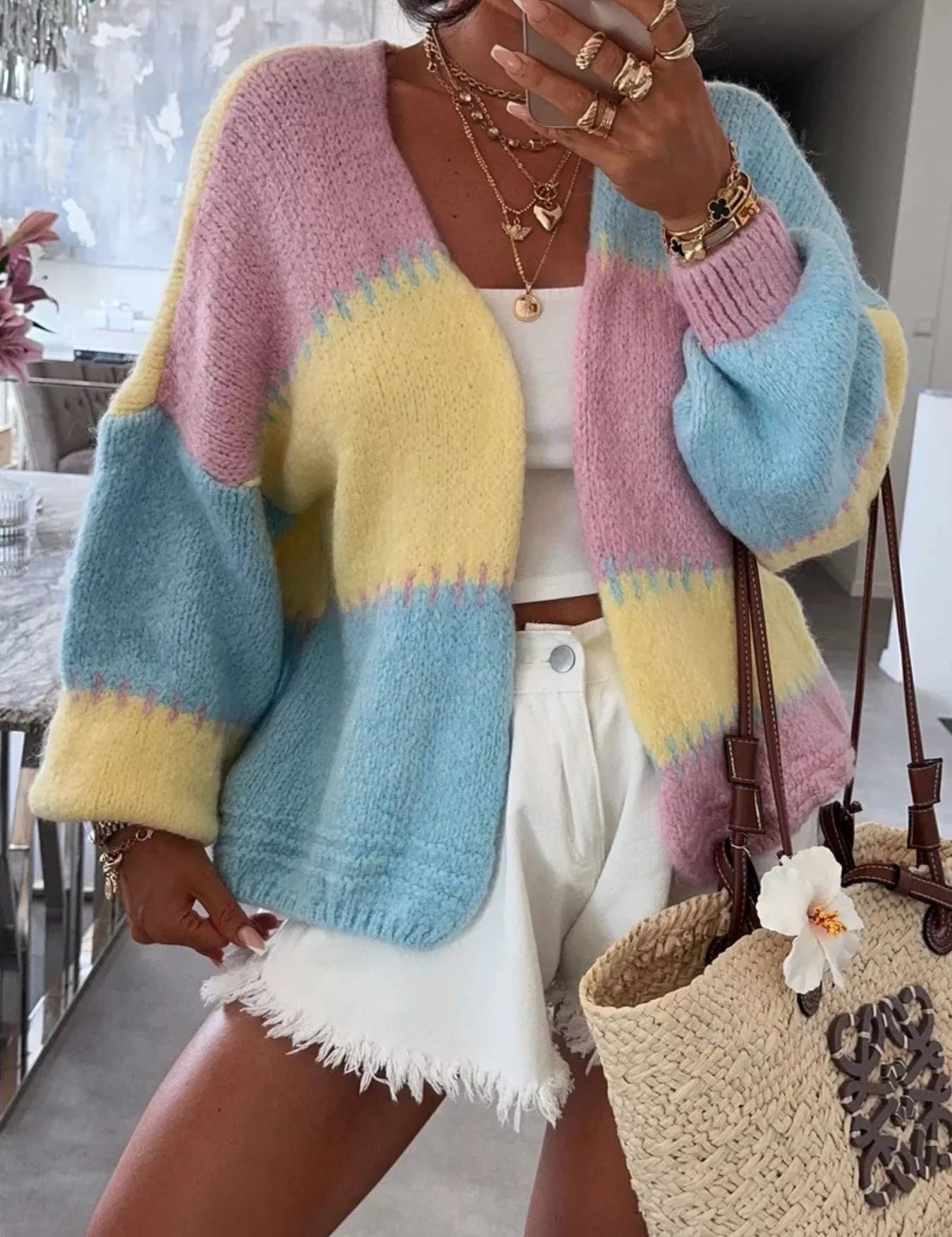 Pink One Size Color Block Open Front Cardigan | Cardigans Daverri Fashions