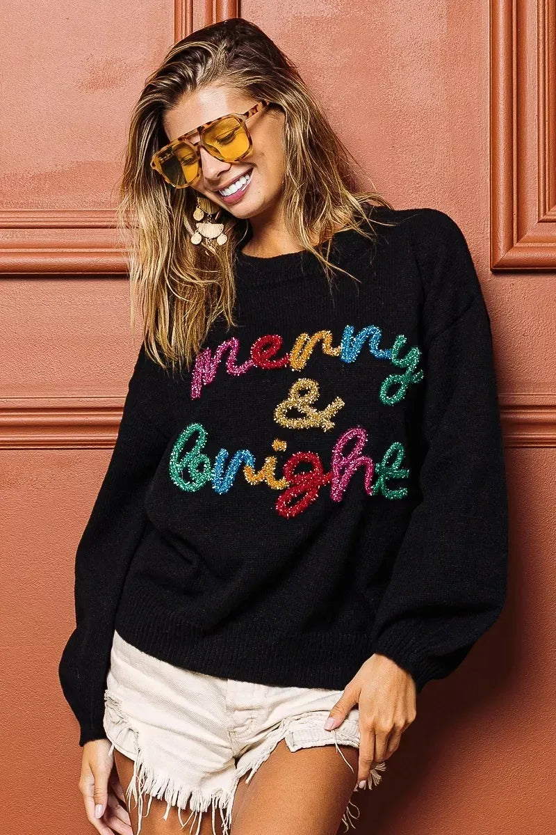 BiBi Tinsel Lettering Christmas Sweater - DAVERRI FASHIONS