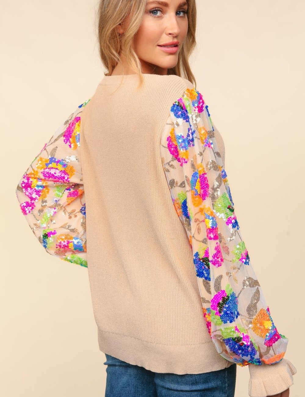 Haptics Floral Sequins Mesh Flounce Sleeve Sweater