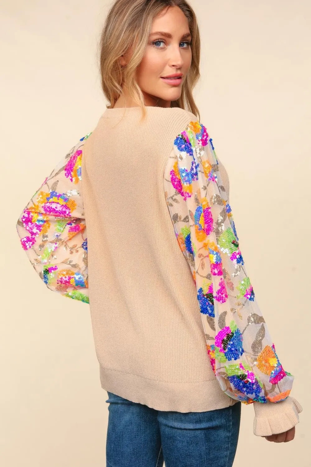 Haptics Floral Sequins Mesh Flounce Sleeve Sweater | Sweaters Daverri Fashions