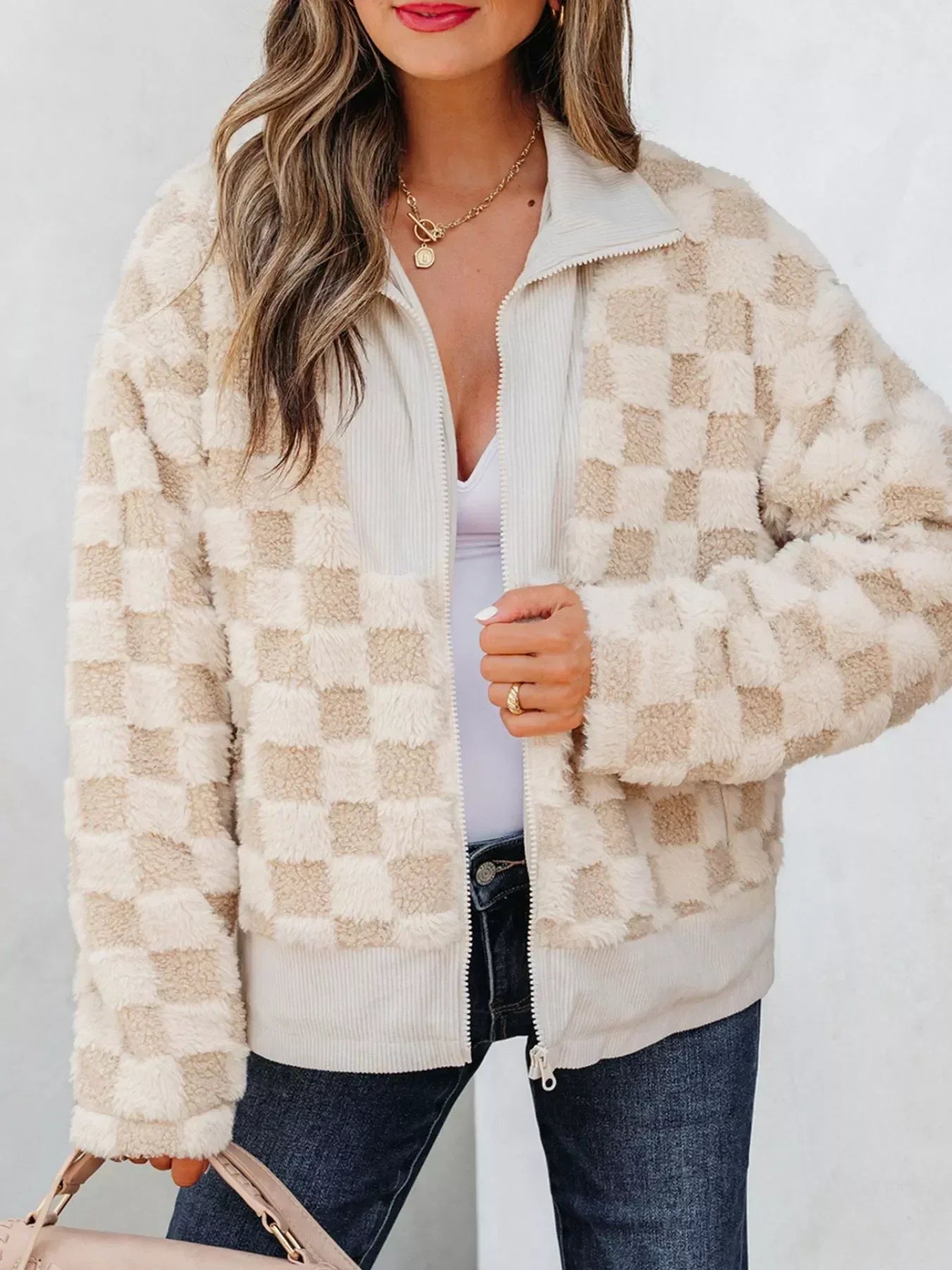 Checker Sherpa Corduroy Patchwork Zip Up Jacket - DAVERRI FASHIONS