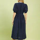Navy blue Umgee zip-front smocked waist midi dress with puffed sleeves