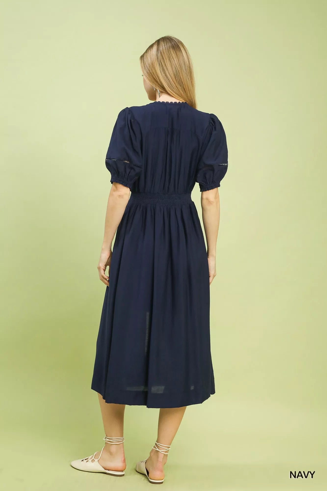 Navy blue Umgee zip-front smocked waist midi dress with puffed sleeves
