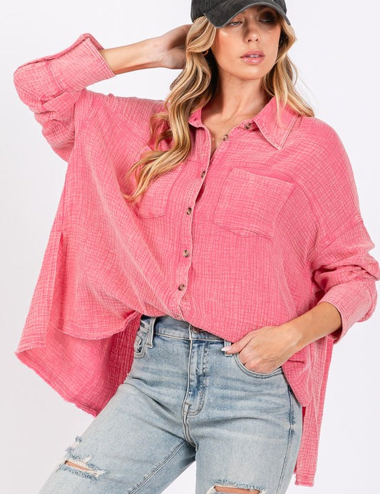 SAGE + FIG Frayed Hem Side Slit Button Down Shirt