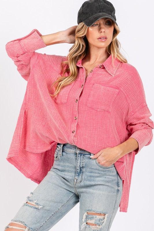 SAGE + FIG Frayed Hem Side Slit Button Down Shirt - DAVERRI FASHIONS