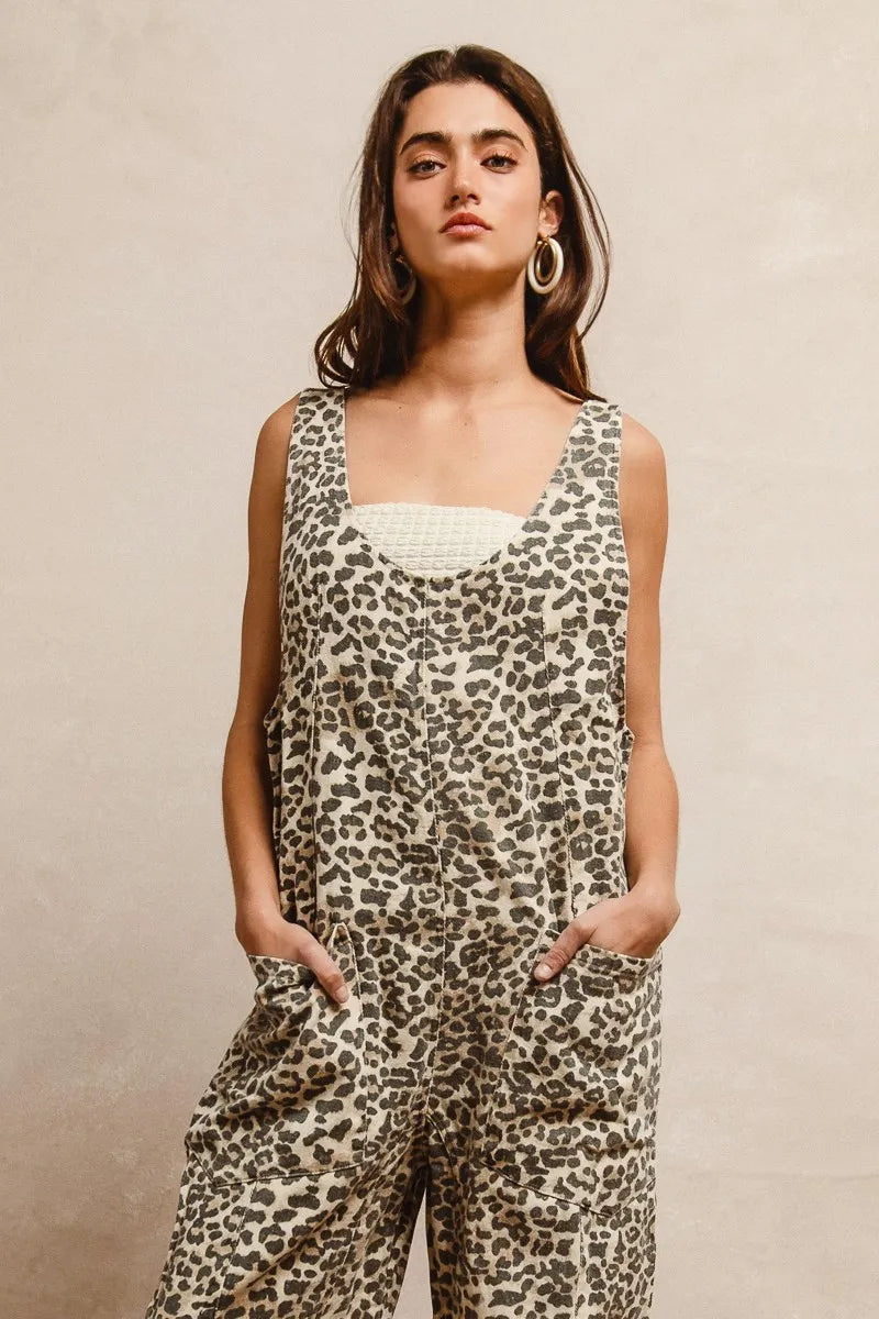 BiBi Leopard Print Adjustable Strap U Neck Jumpsuit | Daverri Fashions