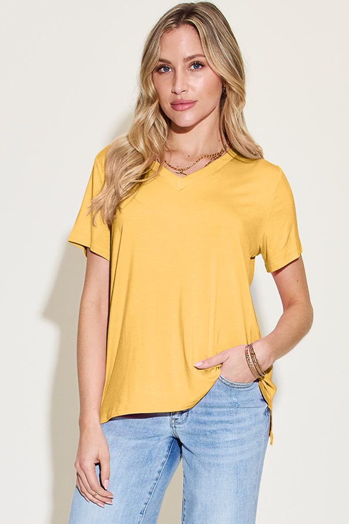 Bamboo Full Size V-Neck High-Low T-Shirt Tops