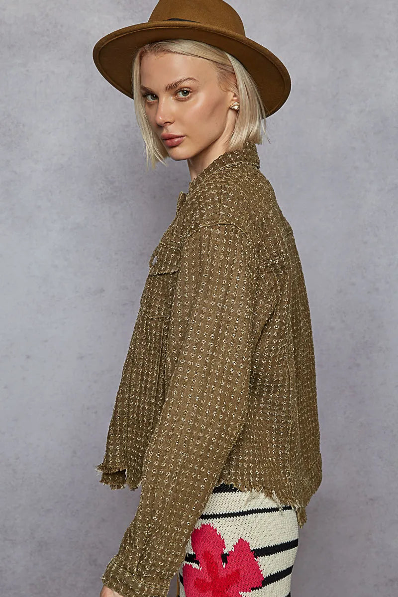 POL Raw Hem Button Up Jacket with Chest Pockets Jackets