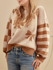 Camel Ribbon Bow Checkered Striped Sleeve Drop Shoulder Sweater | Sweaters Daverri Fashions