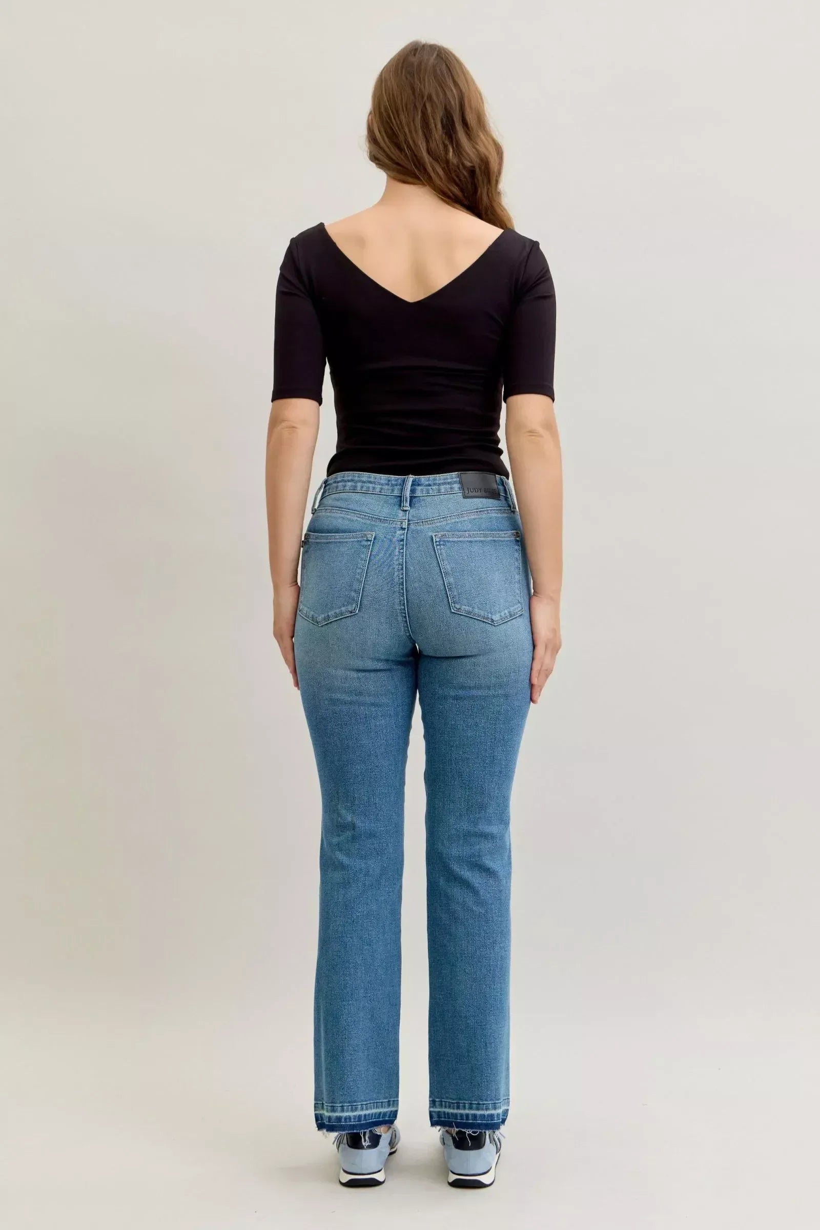 Judy Blue Full Size Mid Rise Slim Bootcut Tummy Control Release Hem Jeans Plus Size - DAVERRI FASHIONS