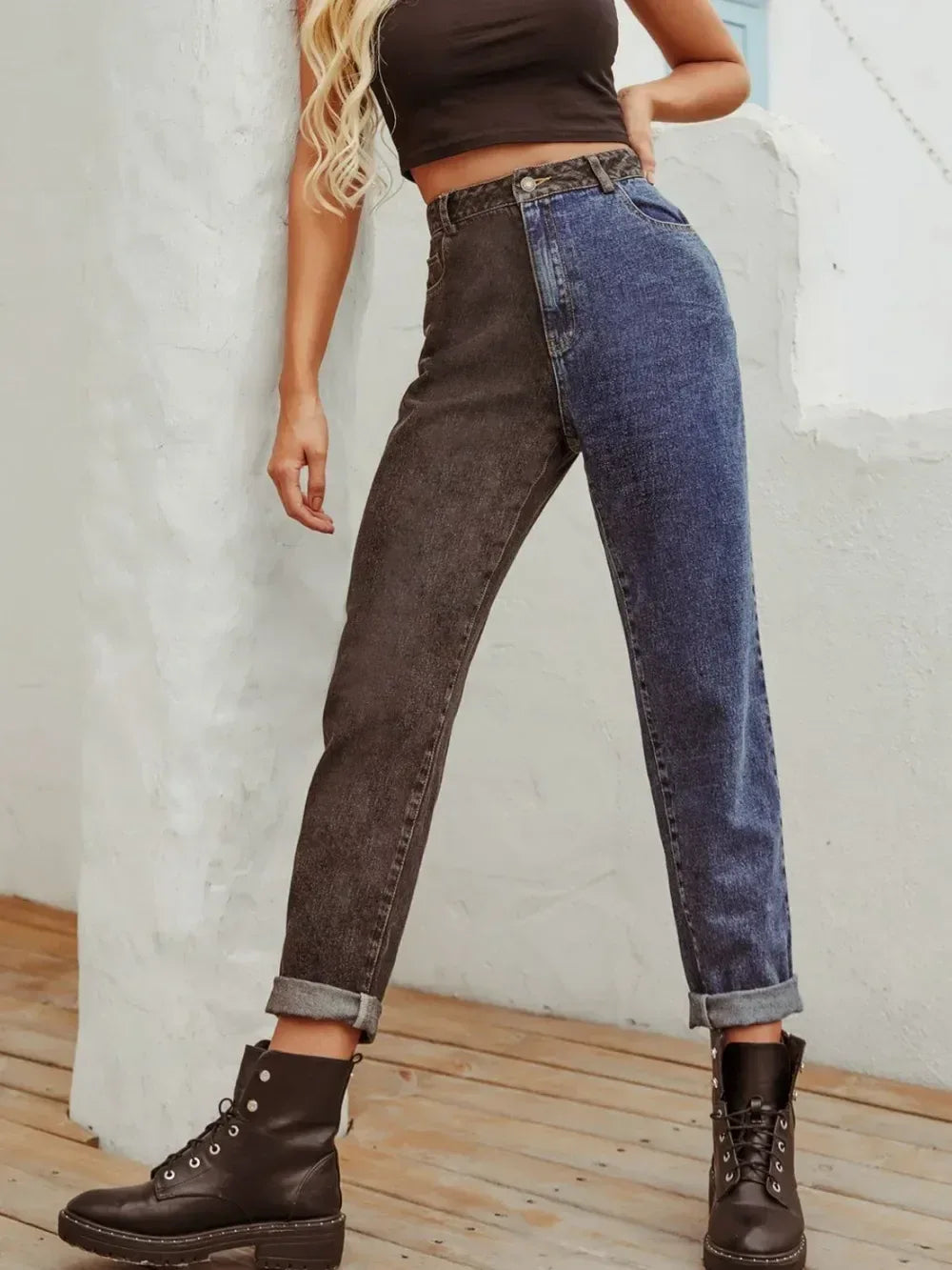 Two Tone Straight Leg Jeans - DAVERRI FASHIONS