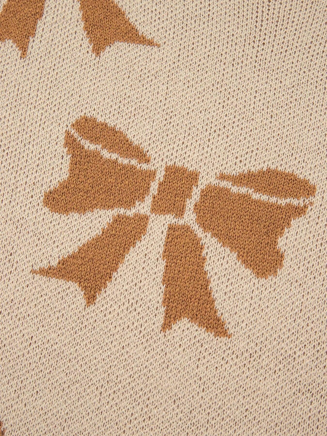 Ribbon Bow Checkered Striped Sleeve Drop Shoulder Sweater - DAVERRI FASHIONS