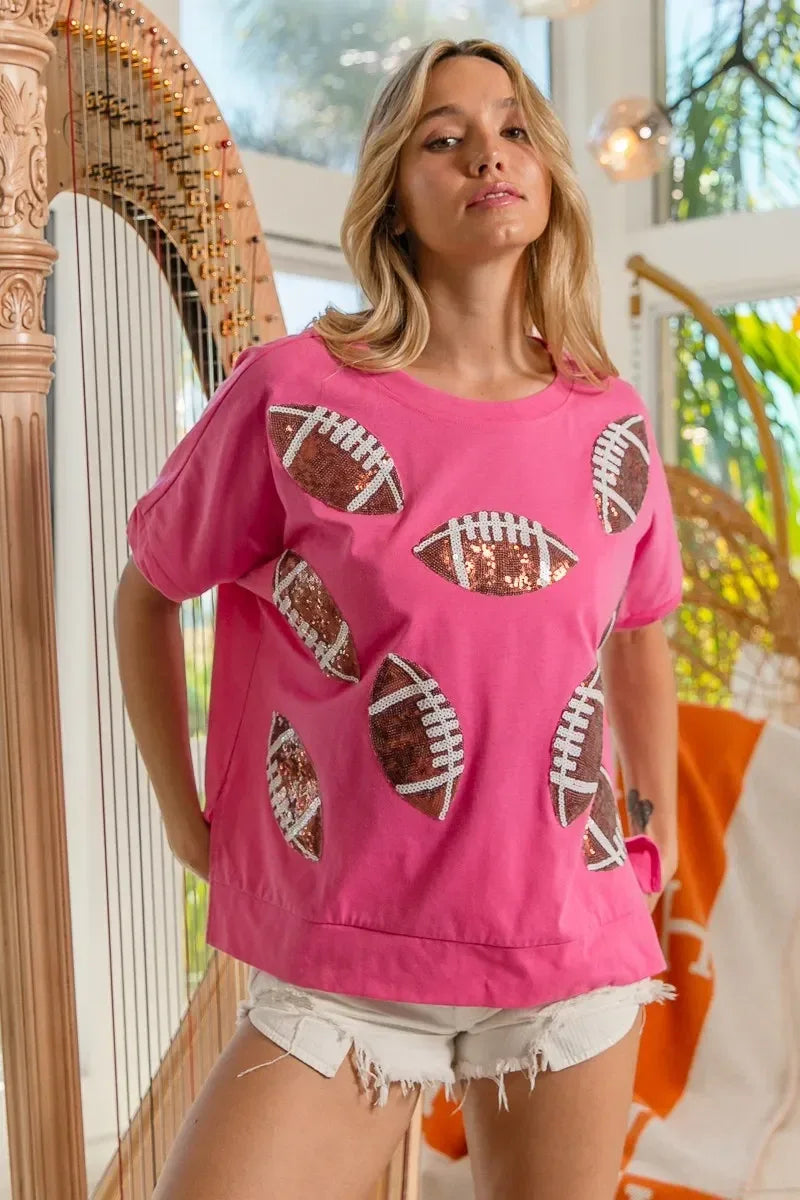 BiBi Game Day Sequins Patched Half Sleeves Top - DAVERRI FASHIONS