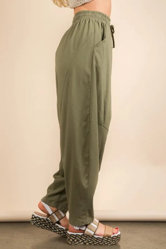 VERY J Olive Solid Barrel Comfy Woven Pants Pants
