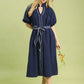 Navy blue Umgee ruffle collar midi dress with white dotted trim
