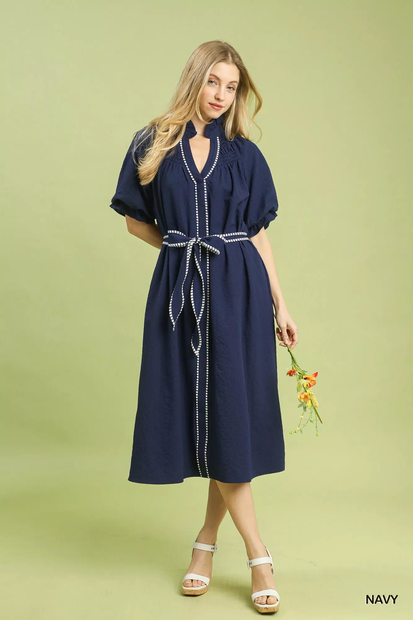 Navy blue Umgee ruffle collar midi dress with white dotted trim