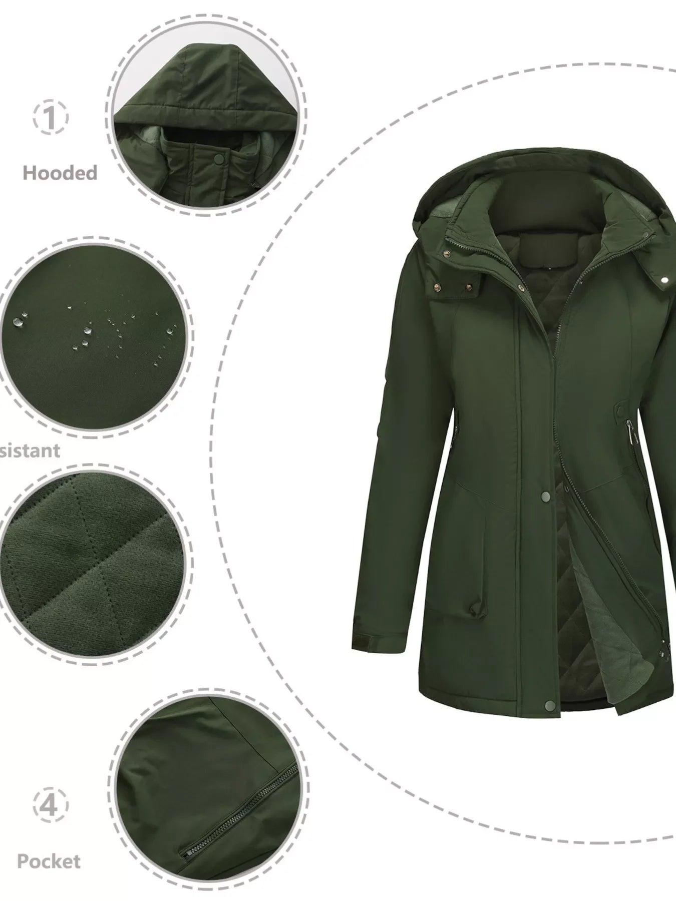 Dark green Daverri Fashions hooded mid-length windproof parka, water-resistant and quilted