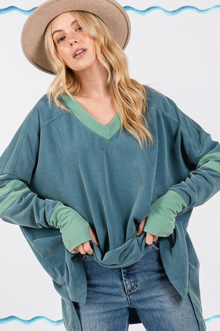 SAGE + FIG Mineral Wash Side Slit Contrast Top Tops