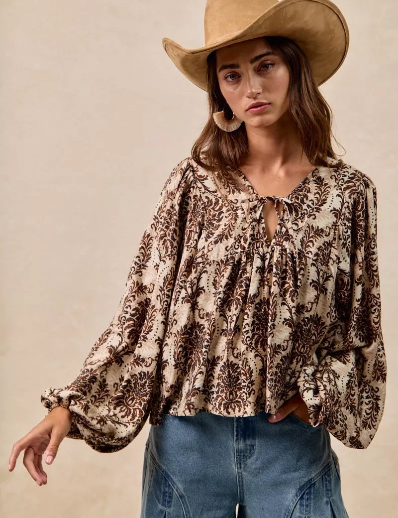 BiBi Printed Woven Front Tied Blouse with Baloon Sleeve | Blouses Daverri Fashions