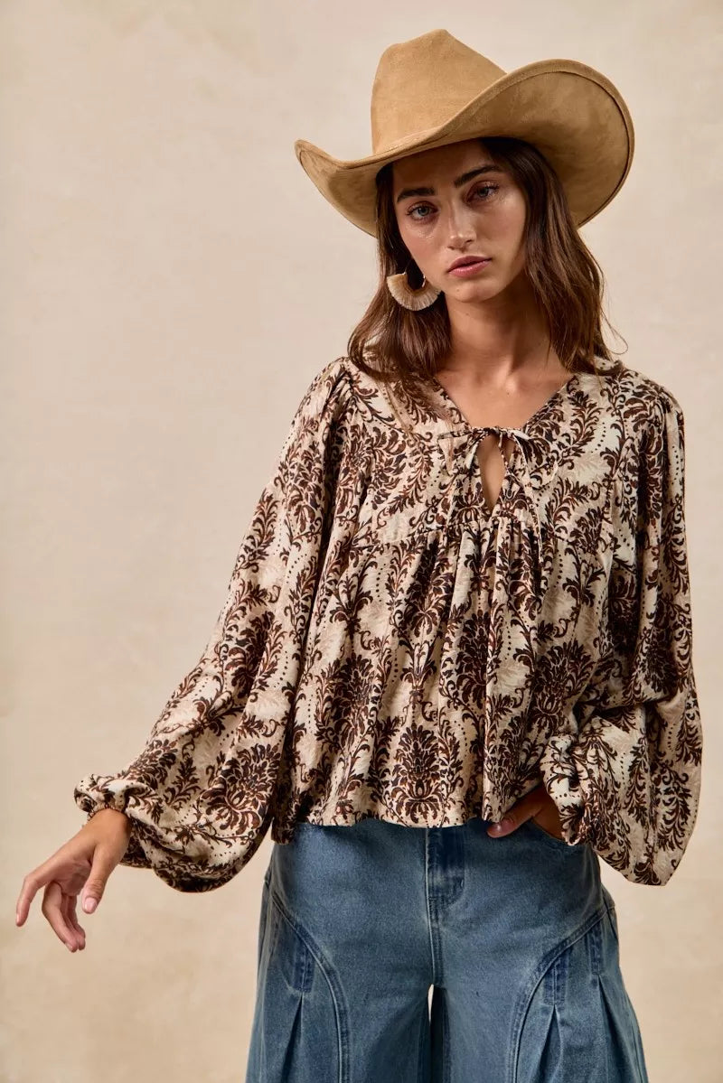 BiBi Printed Woven Front Tied Blouse with Baloon Sleeve | Blouses Daverri Fashions