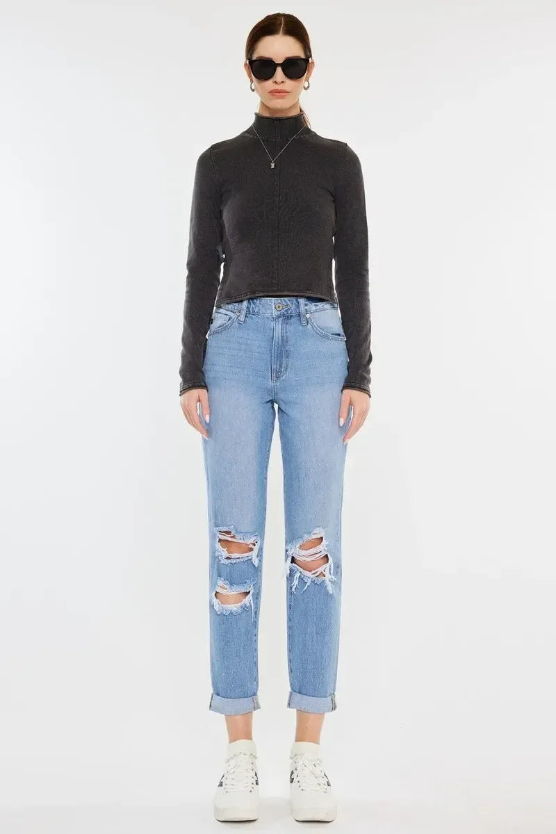 Kancan High Rise Distressed Mom Jeans - DAVERRI FASHIONS