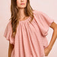 BiBi Stripes soft pink textured shirred neckline blouse with flutter sleeves