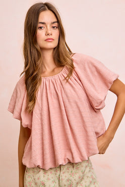 BiBi Stripes soft pink textured shirred neckline blouse with flutter sleeves