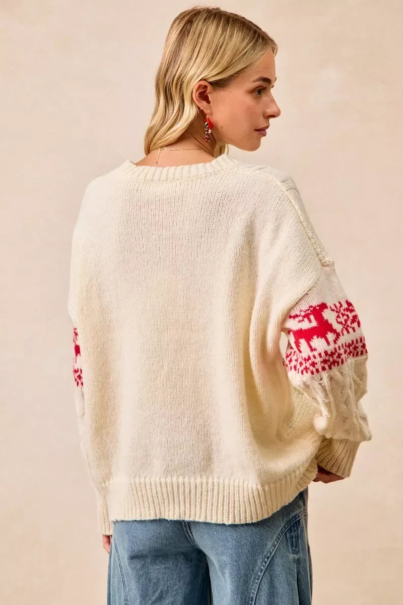 BiBi Christmas Theme Patterned Cable Knit Sweater - DAVERRI FASHIONS