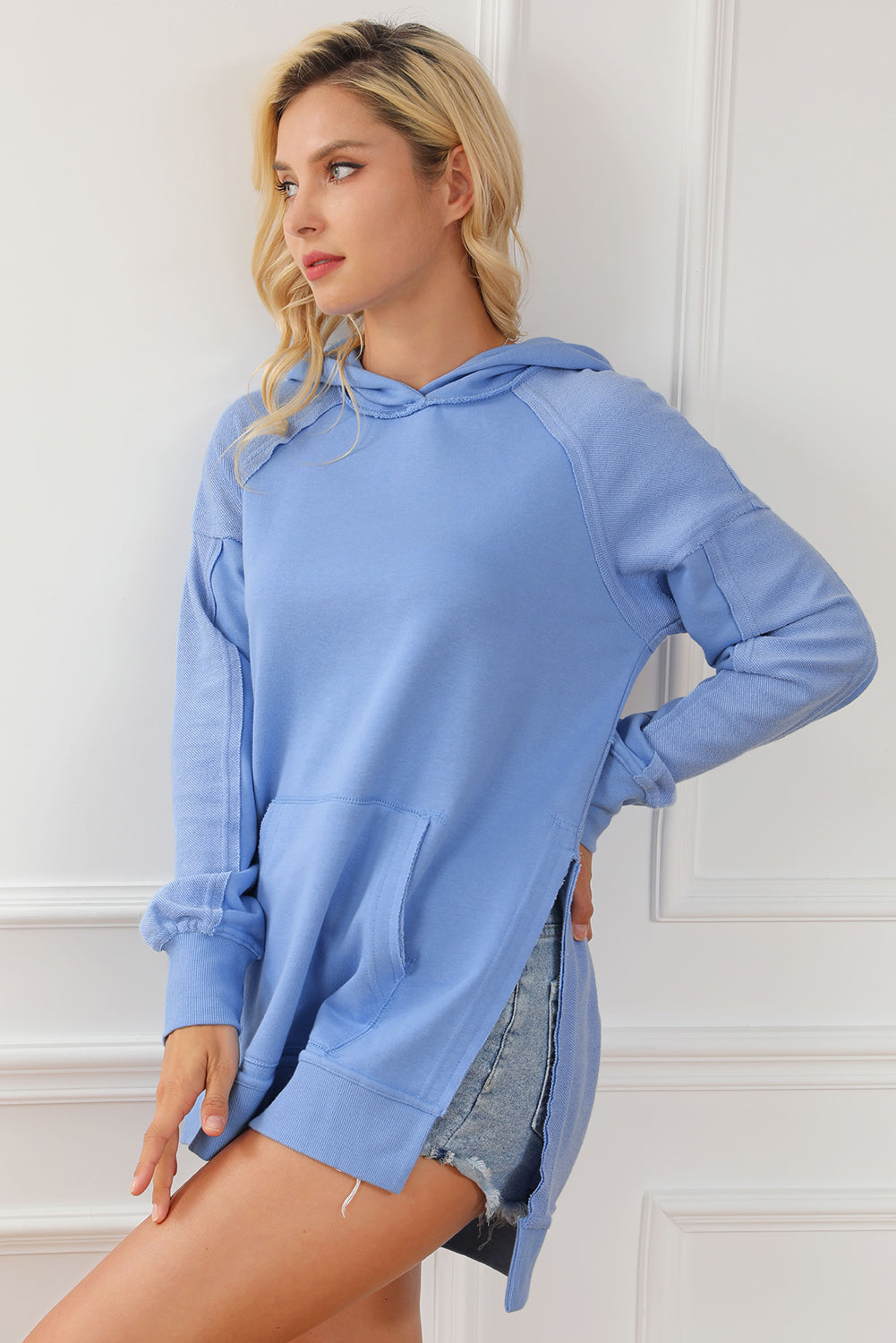 Exposed Seam Long Sleeve Slit Hoodie with Pocket Tops