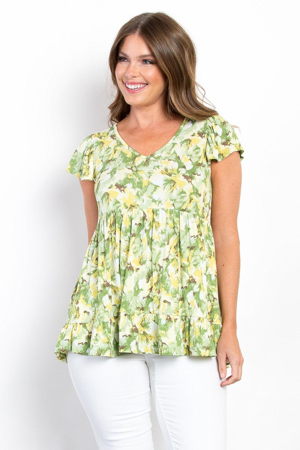 Full Size Floral Ruffled Babydoll Top Lime Shirts & Tops