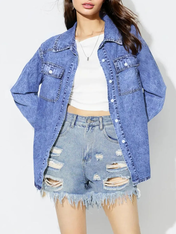 Curved Hem Collared Neck Denim Shirt | Shirts Daverri Fashions