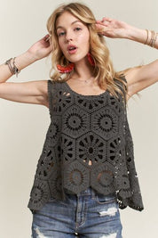 ADORA Grey Crochet Wide Strap Tank Tank Tops