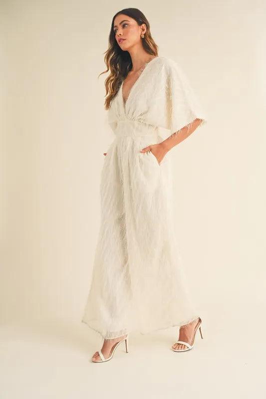 MABLE Fluffy Deep V Neck Wide Leg Jumpsuit Cream Jumpsuits