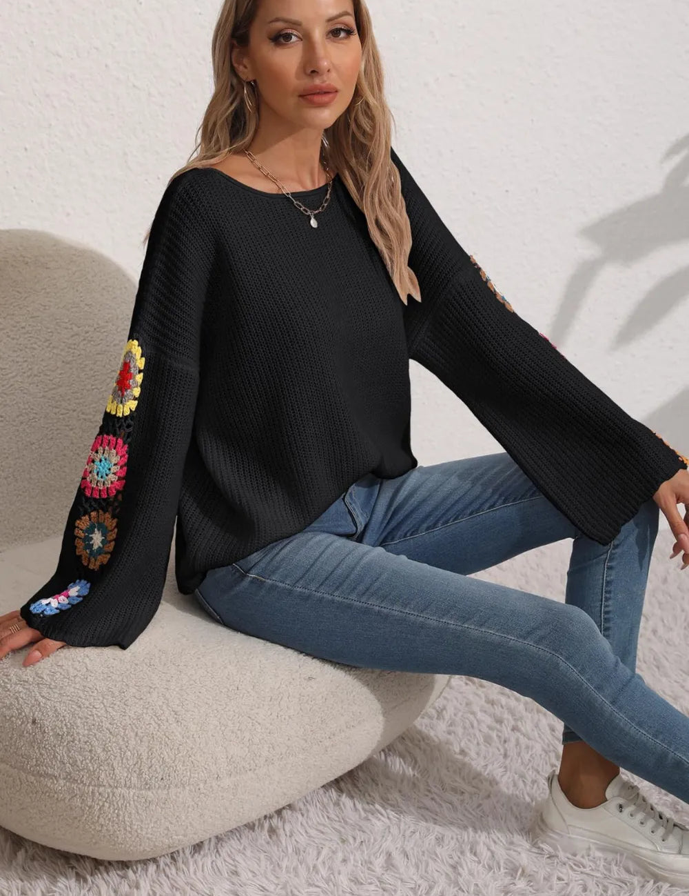 Black Crochet Flower Long Sleeve Sweater | Sweaters Daverri Fashions
