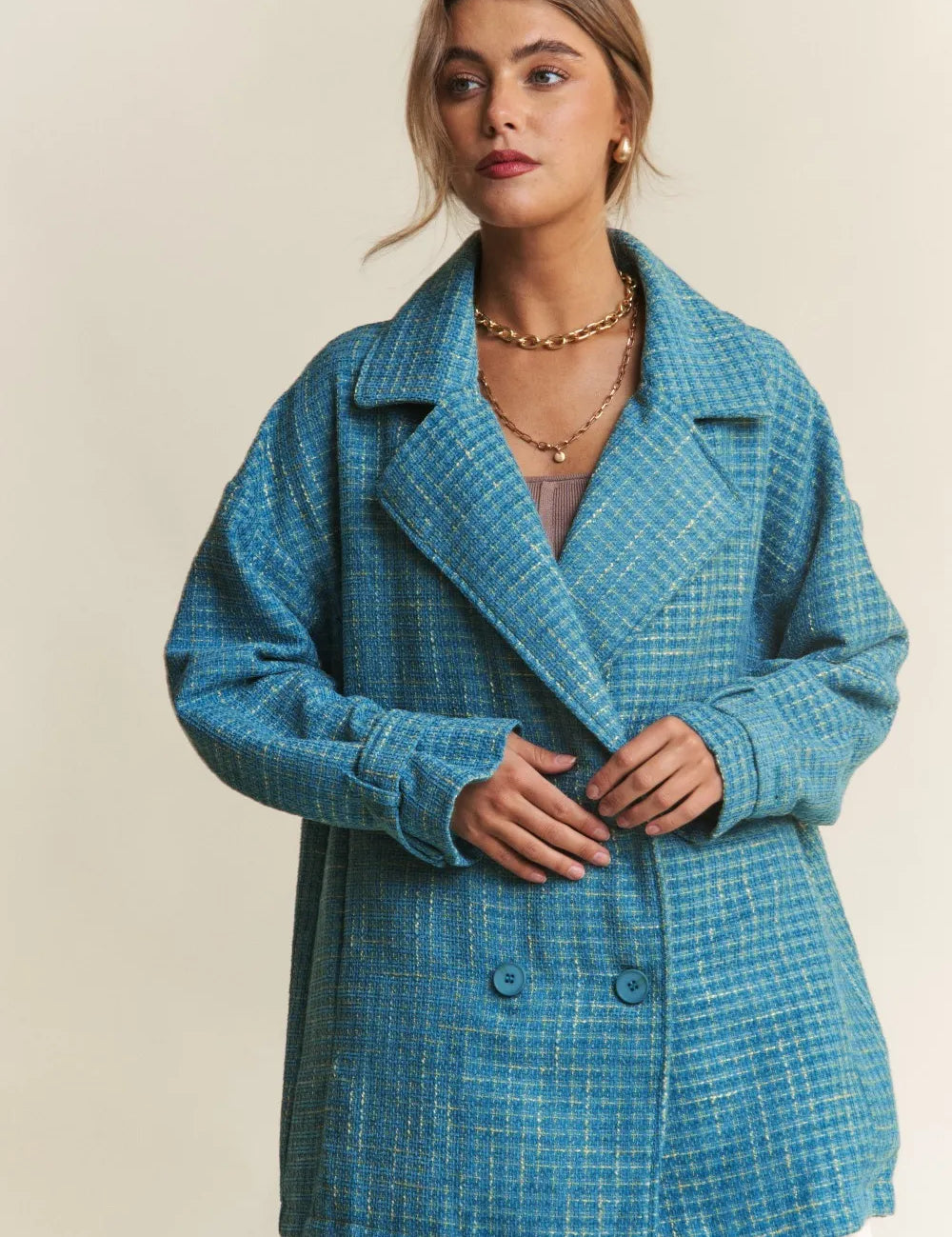 Emerald Sea J.NNA Tweed Double-Breasted Long Sleeve Coat | Coats Daverri Fashions