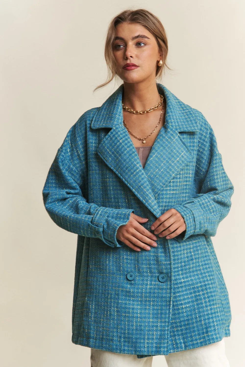 Emerald Sea J.NNA Tweed Double-Breasted Long Sleeve Coat | Coats Daverri Fashions