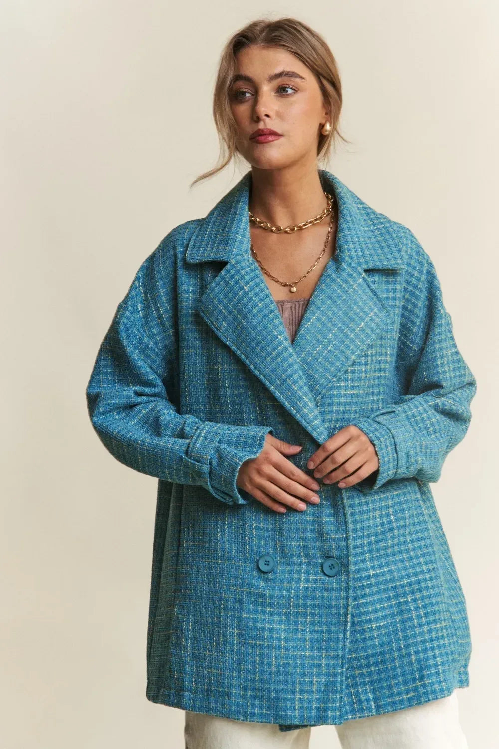 J.NNA Tweed Double-Breasted Long Sleeve Coat - DAVERRI FASHIONS