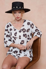 BiBi Leopard Printed V Neck Woven Top with Ruffled | Blouses Daverri Fashions