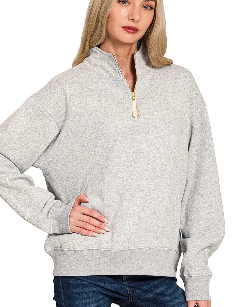 R H GREY Zenana Fleece Half Zip Sweatshirt Grey | Sweatshirts Daverri Fashions