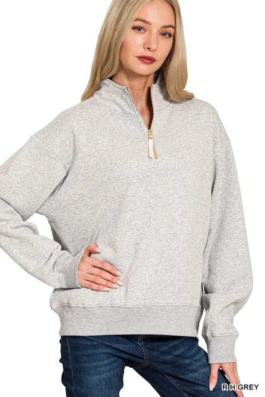 Zenana Fleece Half Zip Sweatshirt Grey - DAVERRI FASHIONS
