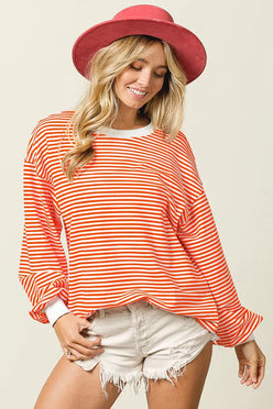 Cozy oversized orange white striped BiBi French Terry long sleeve sweatshirt