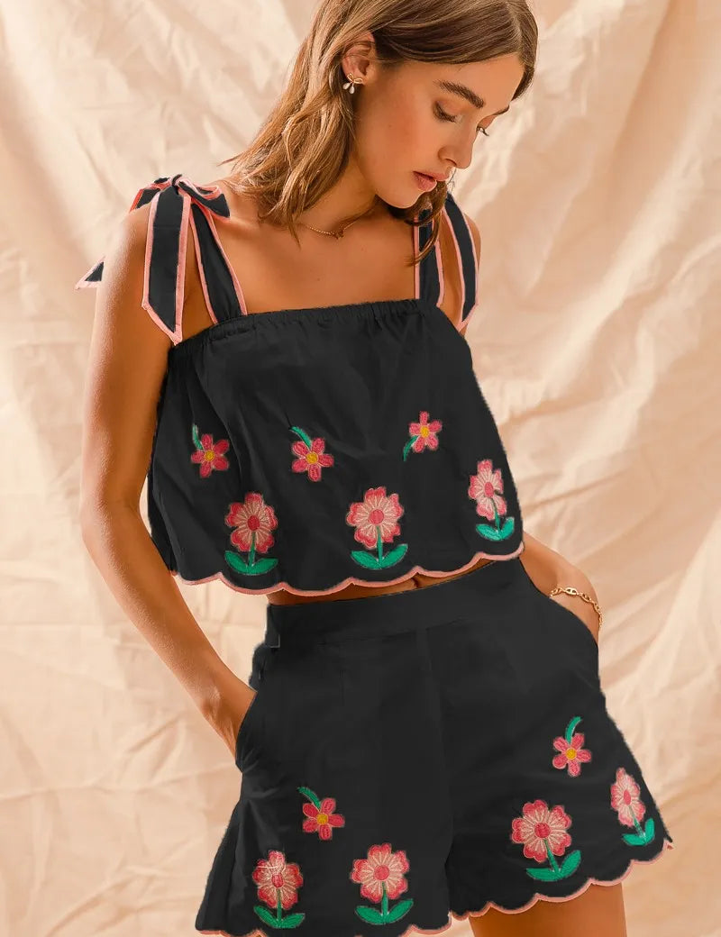 BLACK SO ME Flower Embroidered Tank Top and Shorts Set | Outfit Sets Daverri Fashions