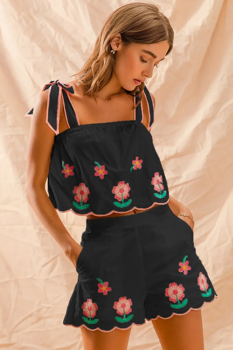 SO ME Flower Embroidered Tank Top and Shorts Set BLACK Short Sets