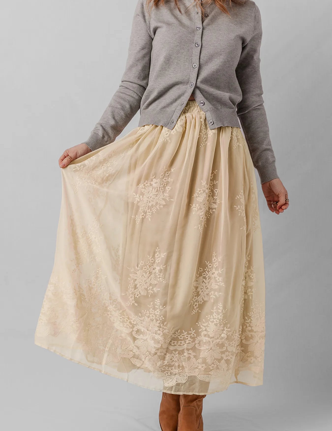 Embroidered Mesh Overlay Flowy Midi Skirt | Skirts Daverri Fashions