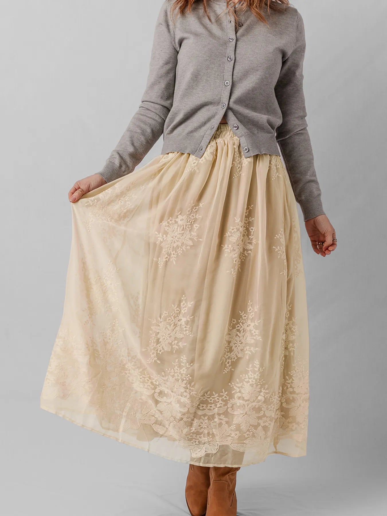 Embroidered Mesh Overlay Flowy Midi Skirt | Skirts Daverri Fashions