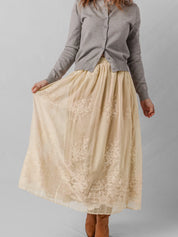 Embroidered Mesh Overlay Flowy Midi Skirt | Skirts Daverri Fashions