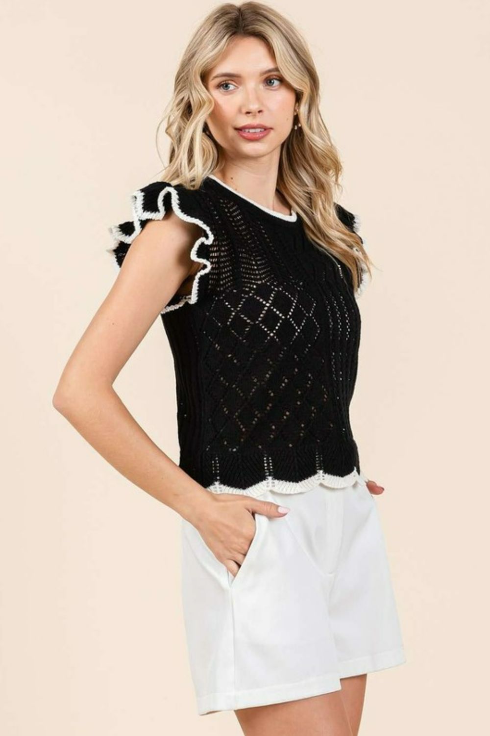 Mittoshop Openwork Contrast Trim Ruffled Cap Sleeve Knit Top Tops