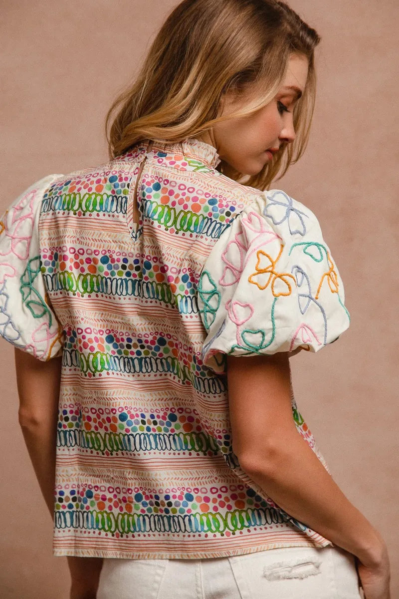 BiBi Ruffle Neckline Blouse With Embroidery Bubble Sleeve | Daverri Fashions